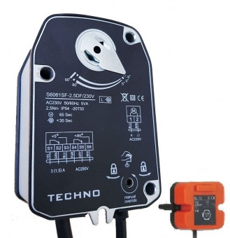 TECHNO SF-05DFS/230V привод противопожарный с пружинным возвратом с концевыми выключателями с датчиком температуры 5Nm, 220В TECHNO SF-05DFS/230V привод противопожарный с пружинным возвратом с концевыми выключателями с датчиком температуры 5Nm, 220В